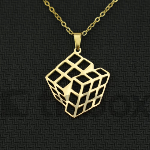 Stainless Steel Hollow Cube ペンダントネックレス 3x3x3 Gold